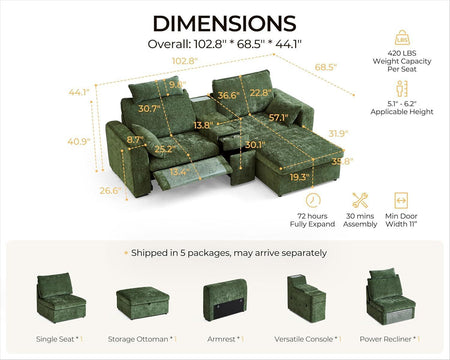 102.8 Inch White Power Recliner Sofa With Headrest And USB Charging Storage Ottoman