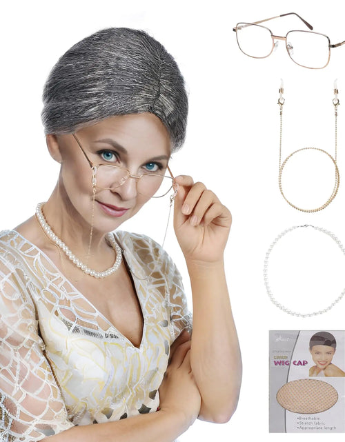 Load image into Gallery viewer, Old Lady Wig And Glasses Grey Wig Short Cosplay Grandma Wig Costume For Women Gray Old Lady
