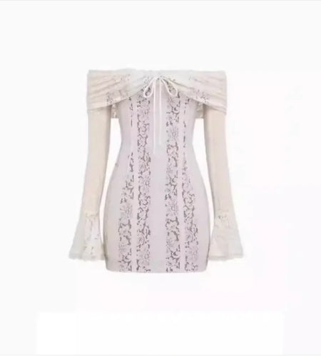 Elegant Off-Shoulder Lace Dress with Long Sleeves