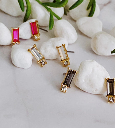 Baguette Cut Stone Stud Earrings