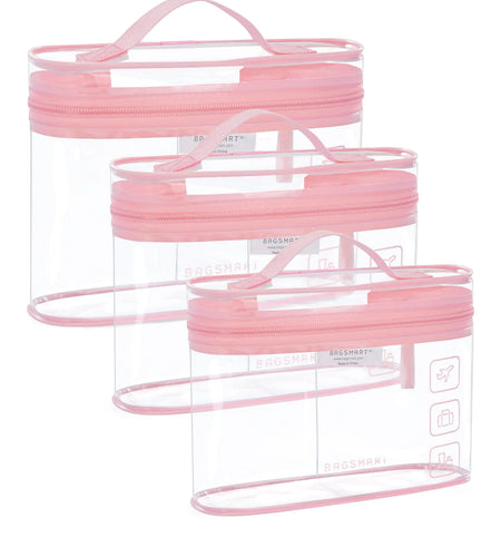 BAGSMART TSA Approved Toiletry Bag, 3 Pack Clear Makeup Cosmetic Bag Organizer, Quart Size Travel Bag for Toiletries, Carry-on Travel Accessories Essentials, Pink-3pcs