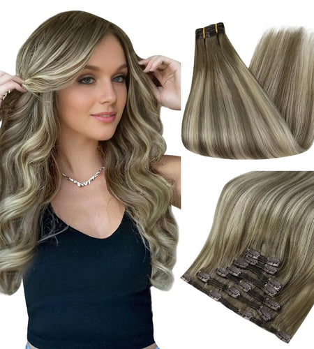 Full Shine Clip in Human Hair Extensions 20 Inch Seamless Clip in Hair Extensions Straight Remy Hair Cool Taupe Ombre Highlight Blonde Damage Free Hair Extensions Clip ins 20 Inch(Pack of 1) #7/800/7 Cool Taupe Mix Blonde
