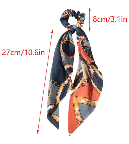 LFOUVRE 4pcs Chain Satin Hair Accessories - Ribbon Scrunchies with Long Tails, Knotted Hair Bands and Elastic Ties for Girls Green Pink Navy Red