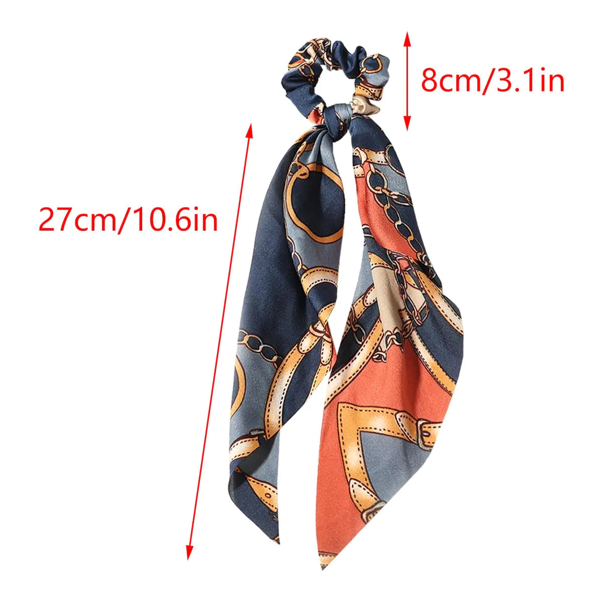 LFOUVRE 4pcs Chain Satin Hair Accessories - Ribbon Scrunchies with Long Tails, Knotted Hair Bands and Elastic Ties for Girls Green Pink Navy Red