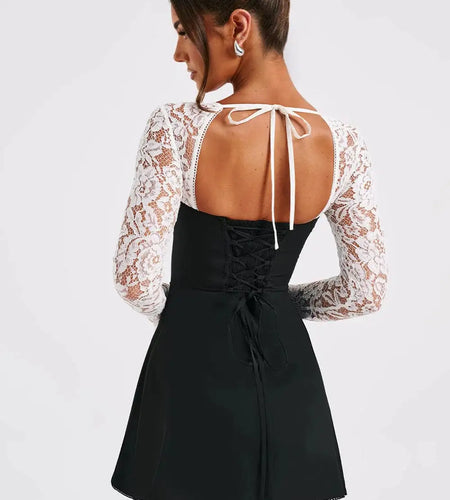 Women's Low Cut Mini Sexy Lace Long Sleeve