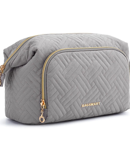 BAGSMART Travel Makeup Bag, Cosmetic Bag Make Up Organizer Case,Large Wide-open Pouch for Women Purse for Toiletries Accessories Brushes Grey Small