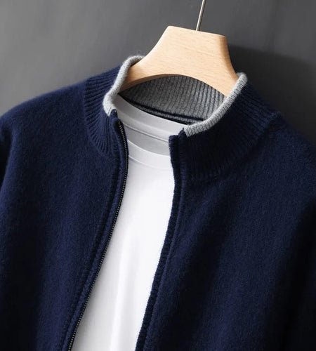 Men's Zipper Stand Collar Color-Block Cardigan
