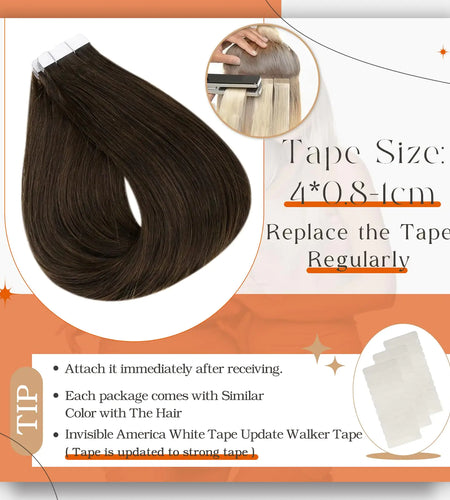 Full Shine Tape in Hair Extensions Remy Human Hair Invisible Skin Weft Color 2 Dark Brown Tape Hair Extensions Brazilian Hair 18 Inch 50 Gram Per Package 20 Pieces Seamless Human Hair Extensions # 2 Brown