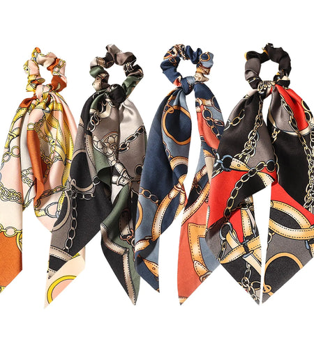 LFOUVRE 4pcs Chain Satin Hair Accessories - Ribbon Scrunchies with Long Tails, Knotted Hair Bands and Elastic Ties for Girls Green Pink Navy Red