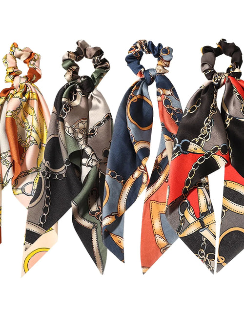 Load image into Gallery viewer, LFOUVRE 4pcs Chain Satin Hair Accessories - Ribbon Scrunchies with Long Tails, Knotted Hair Bands and Elastic Ties for Girls Green Pink Navy Red
