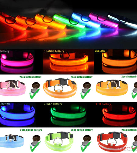 LED Adjustable Dog Collar Blinking Flashing Light Up Glow Pets Safety Waterproof