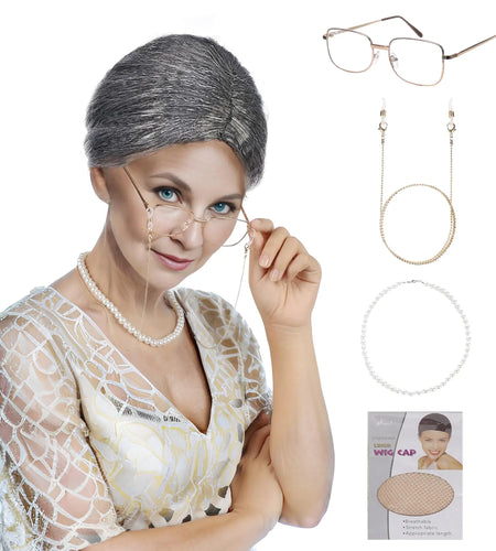 Old Lady Wig And Glasses Grey Wig Short Cosplay Grandma Wig Costume For Women Gray Old Lady