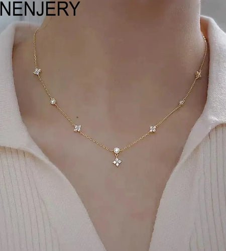 ANENJERY Inlaid Zircon Four-leaf Flower Chain Necklace for Women New Niche Light Luxury Hot Fashion collares choker Accessories
