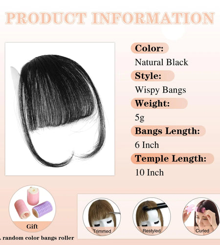 NAYOO Bangs Hair Clip in Bangs 100% Real Human Hair Extensions Natural Black Wispy Bangs Clip on Air Bangs for Women Fringe with Temples Hairpieces Curved Bangs for Daily Wear
