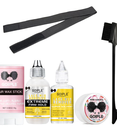 Wig Glue 1.28OZ, Waterproof Lace Front Wig Glue for Wigs with Tools and Hair Wax Stick (Wig Glue/Wig Glue Remover/Hair Wax Stick/Edge Control Wax/Elastic Band/Hair Dual Drush) flower scent-6pcs