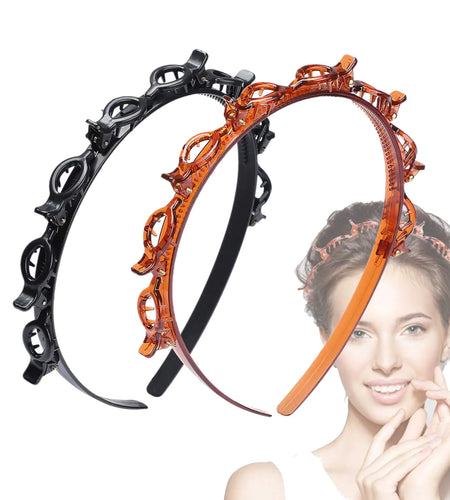 JASSINS 2 Pcs Bangs Hairstyle Hairpin Headband, Professional Weave Bangs Clip, Toothed Headband Braid Tool, Women Girls Fashion Hair Accessories (Black and Brown)