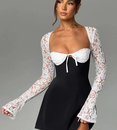 Women's Low Cut Mini Sexy Lace Long Sleeve