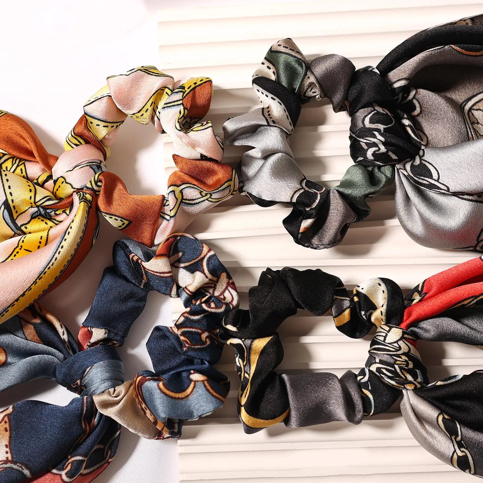 LFOUVRE 4pcs Chain Satin Hair Accessories - Ribbon Scrunchies with Long Tails, Knotted Hair Bands and Elastic Ties for Girls Green Pink Navy Red