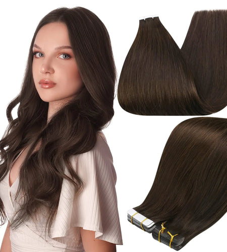 Full Shine Tape in Hair Extensions Remy Human Hair Invisible Skin Weft Color 2 Dark Brown Tape Hair Extensions Brazilian Hair 18 Inch 50 Gram Per Package 20 Pieces Seamless Human Hair Extensions # 2 Brown