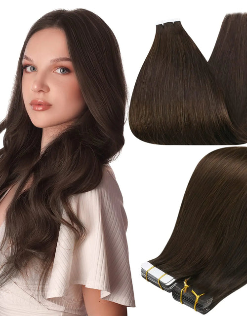 Load image into Gallery viewer, Full Shine Tape in Hair Extensions Remy Human Hair Invisible Skin Weft Color 2 Dark Brown Tape Hair Extensions Brazilian Hair 18 Inch 50 Gram Per Package 20 Pieces Seamless Human Hair Extensions # 2 Brown
