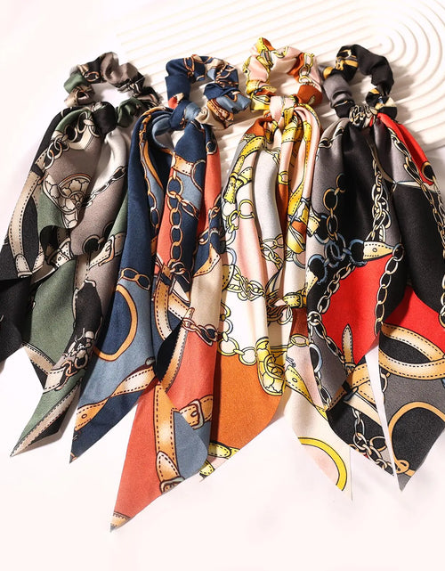 Load image into Gallery viewer, LFOUVRE 4pcs Chain Satin Hair Accessories - Ribbon Scrunchies with Long Tails, Knotted Hair Bands and Elastic Ties for Girls Green Pink Navy Red
