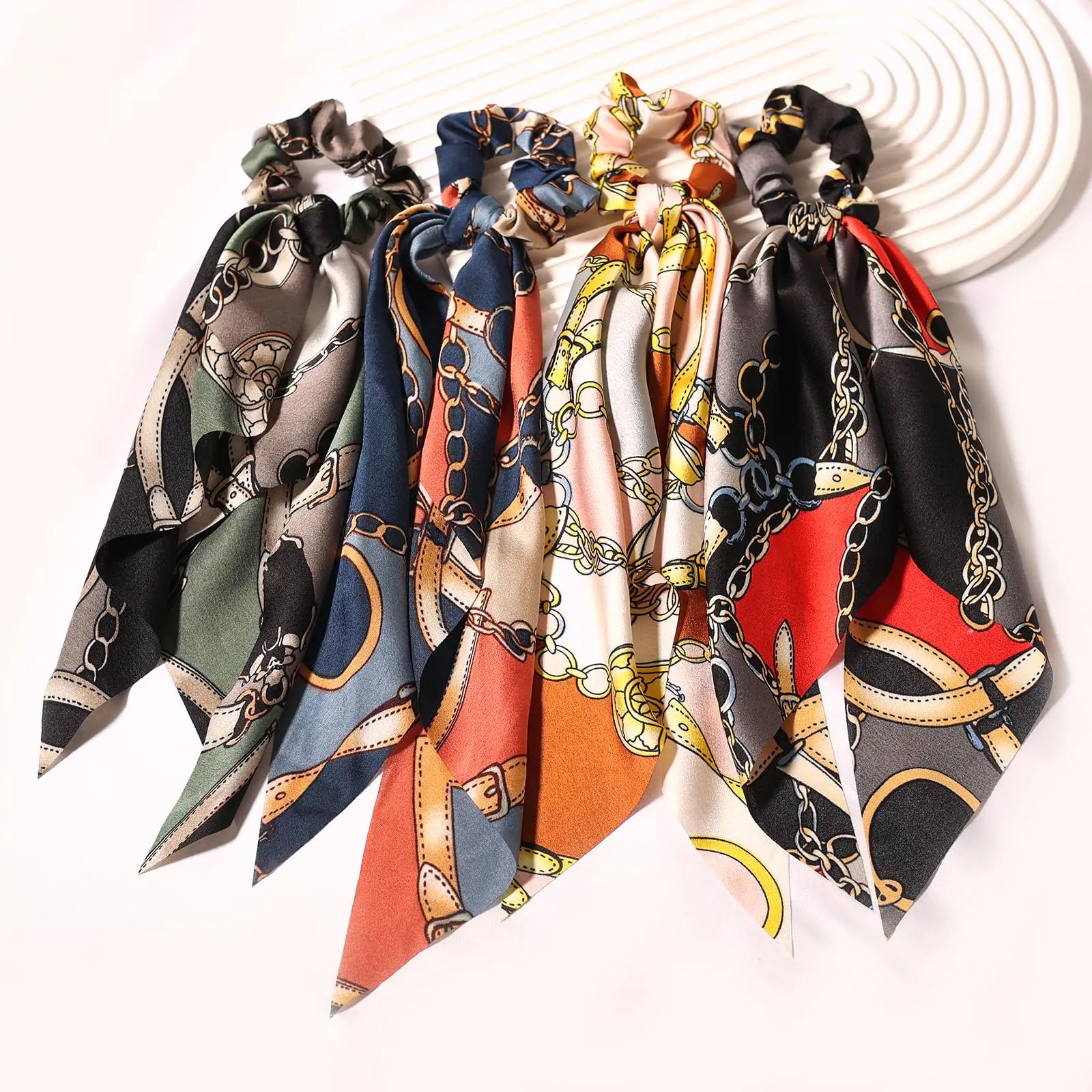 LFOUVRE 4pcs Chain Satin Hair Accessories - Ribbon Scrunchies with Long Tails, Knotted Hair Bands and Elastic Ties for Girls Green Pink Navy Red