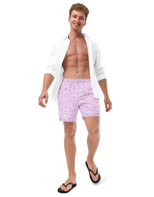 Load image into Gallery viewer, Men&#39;s Eco Pink Whale Pod Swim Trunks
