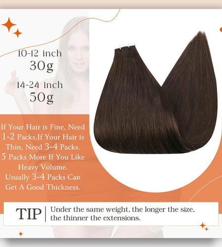 Full Shine Tape in Hair Extensions Remy Human Hair Invisible Skin Weft Color 2 Dark Brown Tape Hair Extensions Brazilian Hair 18 Inch 50 Gram Per Package 20 Pieces Seamless Human Hair Extensions # 2 Brown