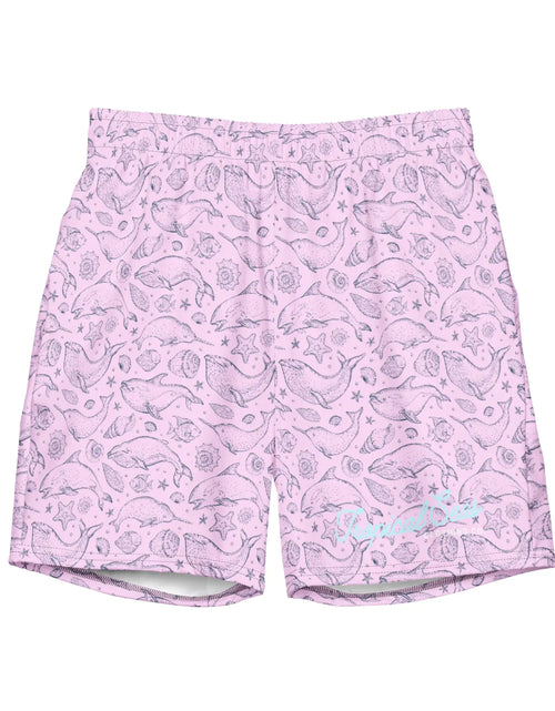 Load image into Gallery viewer, Men&#39;s Eco Pink Whale Pod Swim Trunks
