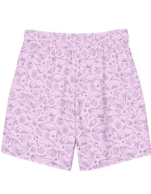 Load image into Gallery viewer, Men&#39;s Eco Pink Whale Pod Swim Trunks
